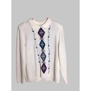 Alfred Dunner Women Vintage Sweater shoulder pads Sz. Sm. White EUC Comfy warm